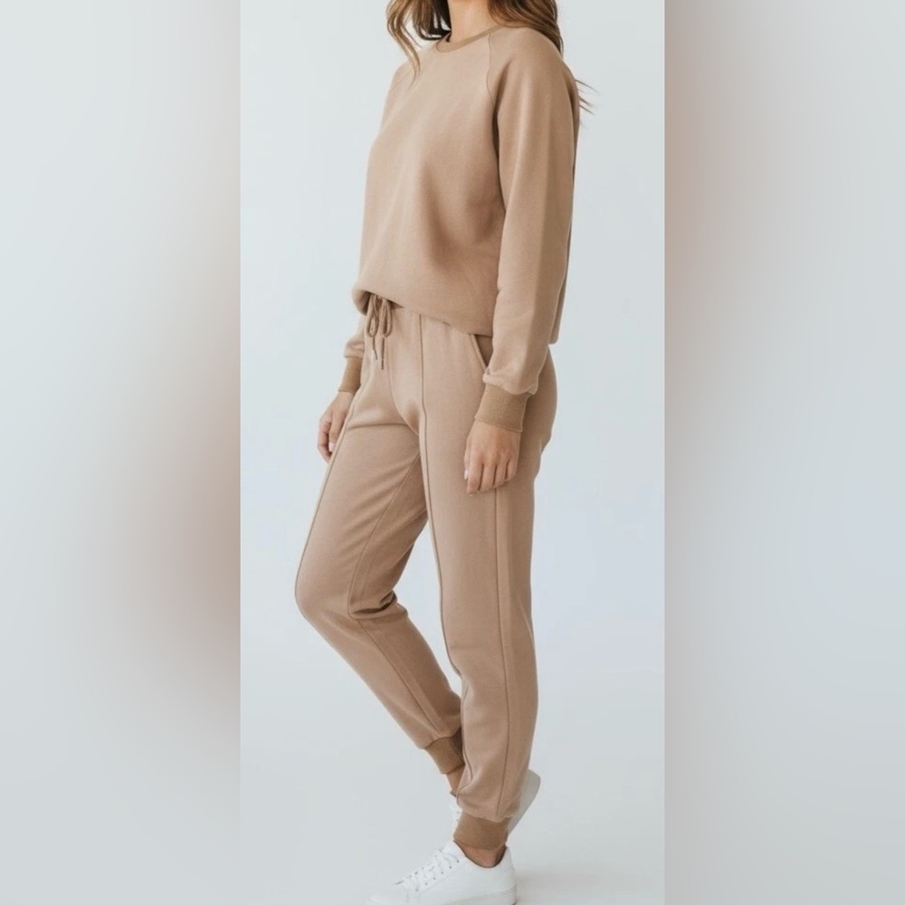 ZESICA Women’s 2 Piece Crop Top & Jogger Pants Lounge Set Medium 8-10 Beige